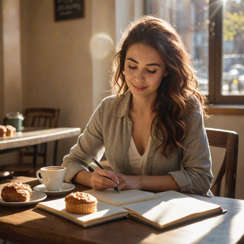 Warmly lit photo of a woman in her 20s, sitting at a charming cafetable, writing in her journal, with a delicious pastry and a cup of coffee beside her, sunlight streaming in.