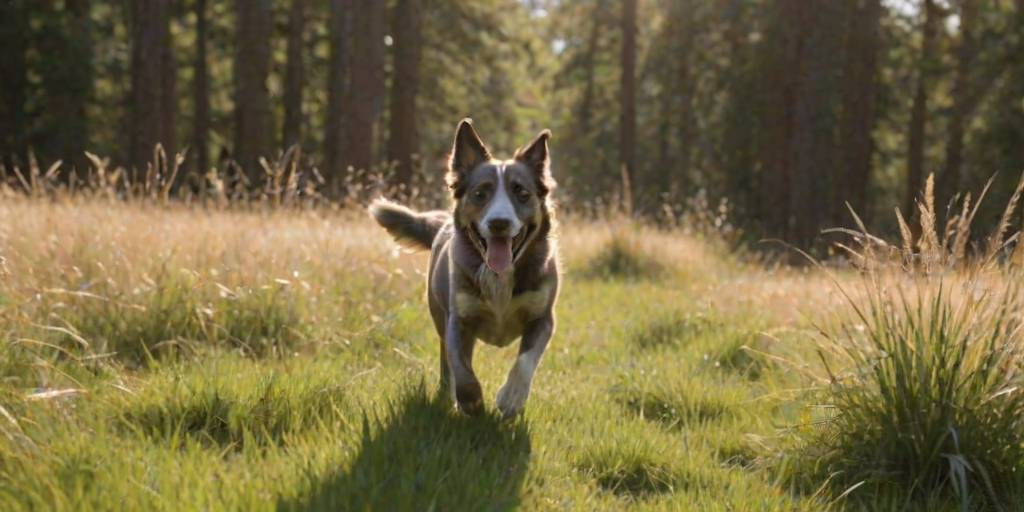 Blurry, fast-paced photo of a dog running through a field of tall grass, tongue hanging out, joyful expression on its face, sunlight filtering through the trees, distant birds flying overhead, shadows dancing on the ground.