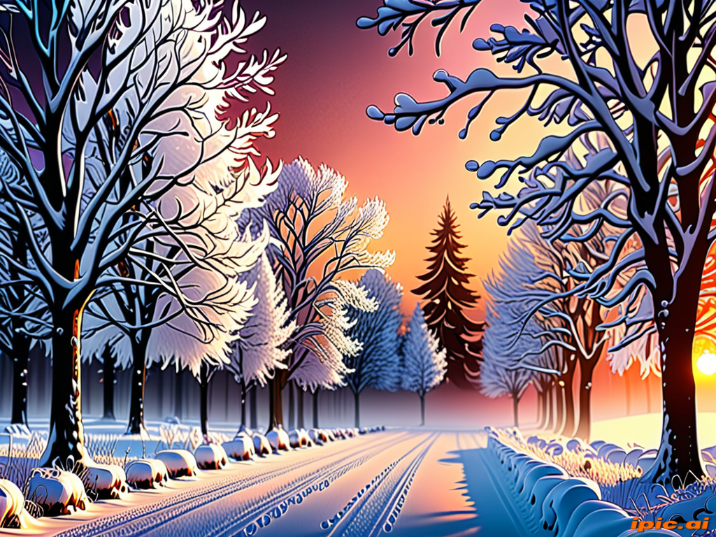 A Tranquil Winter Landscape at Dusk with Snow-Covered Trees and Pathway.