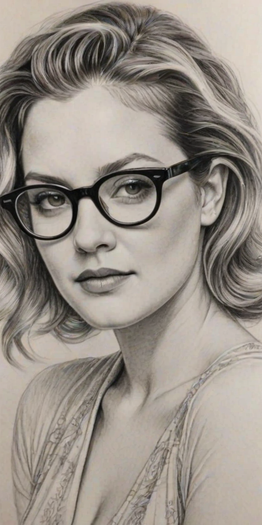 Alluring Drew Barrymore, pencil sketch, portrait of Magnificent woman 1939s in glasses, hair style beatnik, outline, clear lines, fine lines, 8k