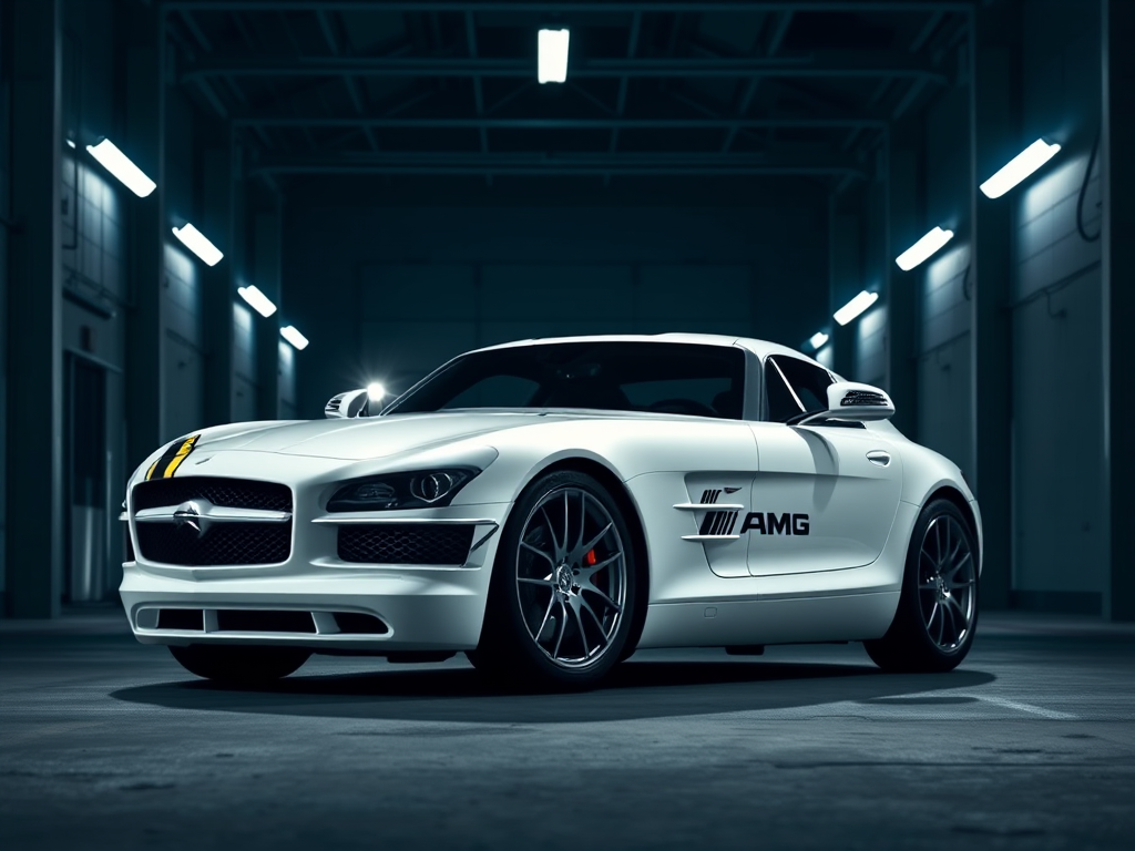 Regenerate a high-quality image of a white Mercedes-Benz SLS AMG in a dimly lit industrial space, using a DSLR camera with a 50mm lens at f/1.8, ISO 100, shutter speed 1/125s, in a three-point lighting setup to emphasize reflections on the car's surface.