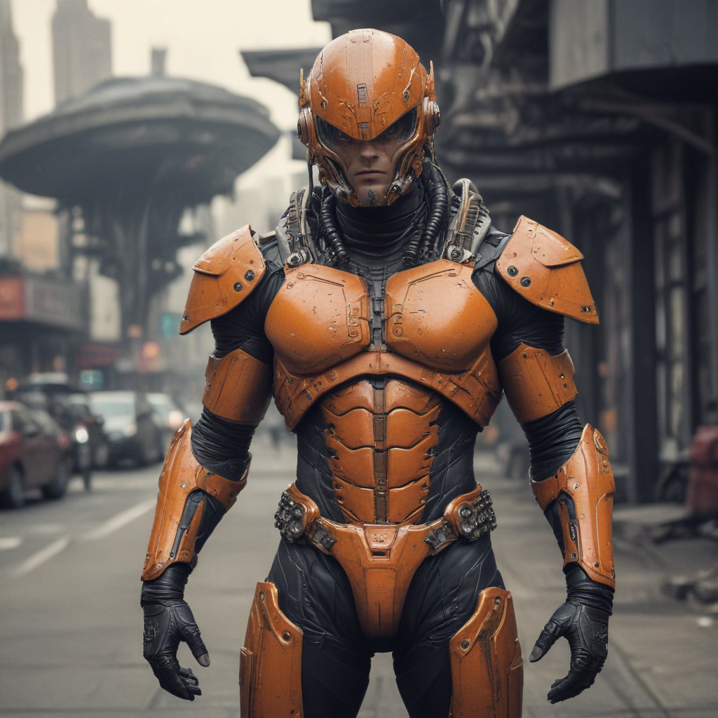 annunaki cyberpunk orange strong male with armor alien with spaceship