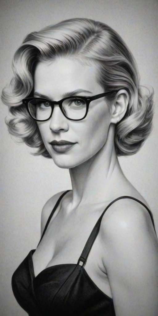 Exquisite January Jones, pencil sketch, portrait of Magnificent woman 1940s in glasses, hair style beatnik, outline, clear lines, fine lines, 8k