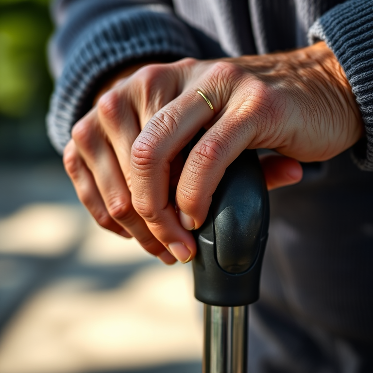 close-up of an elderly person's hands resting on a cane, natural light, shallow depth of field, ISO 100, aperture f/2.8, 50mm lens, soft focus background, rich textures and details, focus on hands with gentle shadows