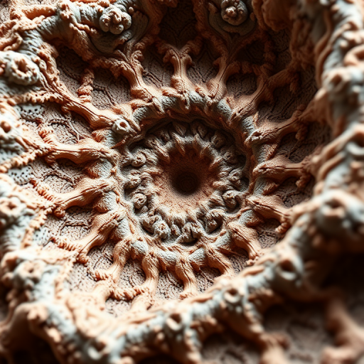 Generate a detailed fractal structure with intricate patterns and deep textures, using a Canon EOS R5 camera with a 50mm f/1.2 lens, aperture set to f/8, ISO 100, captured from a low angle view and enhanced with a soft focus style for a dreamlike quality.