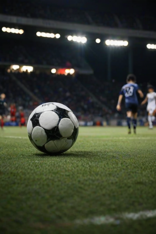 Blurry action shot of a soccer ball just about to be kicked during a nighttime game, stadium lights shining brightly overhead, and the faint outline of cheering fans in the background.