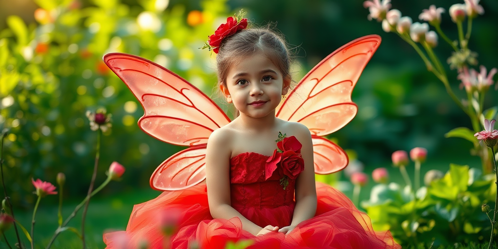 A young girl with delicate fairy wings sitting in a lush garden, wearing a vibrant red gown adorned with flowers, soft natural lighting, shallow depth of field, 50mm lens, f/1.8 aperture, ISO 200, high dynamic range, portrait mode, DSLR camera.