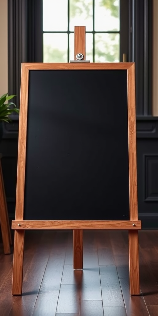 A high-resolution image of a blank chalkboard easel on a wooden frame, captured from a low-angle view, using a DSLR camera at f/2.8 aperture, ISO 100, and 1/200s shutter speed for optimal clarity and depth of field.