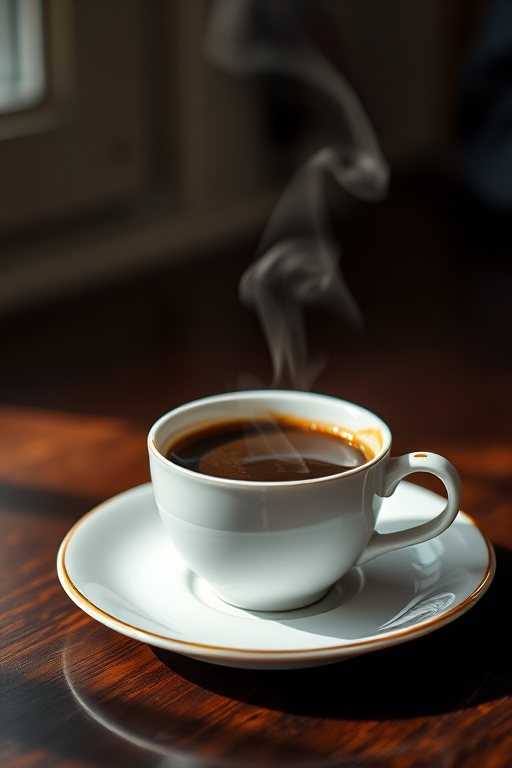 A steaming cup of coffee on a saucer, close-up view, soft focus, natural light, shot with a 50mm lens at f/2.8, ISO 100, vivid colors, high contrast.