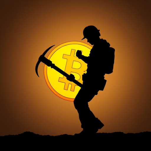Generate a high-resolution silhouette image of a miner striking a Bitcoin symbol with a pickaxe, using a Canon EOS R5 camera, 50mm lens, f/1.8 aperture, ISO 100, and soft diffused lighting for a clean background.