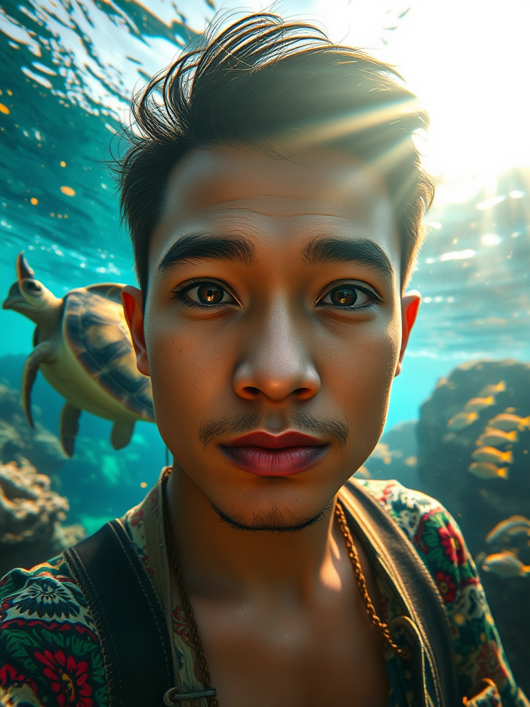 Realistic selfie image of a Tongan, wearing a vintage outfit, detailed dreamy eyes, droopy hooded eyes, staring at the camera, taken underwater at coral reef with a sunbeam filtering through the water, vibrant, summer vacation, natural lighting, turtle and school of tropical fish with vibrant colors, rendered in the style of CryEngine, Pegi Nicol MacLeod, with realistic genre scenes, hauntingly beautiful narratives, ultra-realism, and Thomas Saliot's close-up technique, 8K resolution, crystal clear and sparkling water.