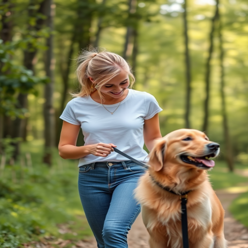A young blonde woman walking her golden retriever in a serene forest, wearing a white t-shirt and fitted blue jeans, her hair tied back in a ponytail, with a few loose strands framing her bright smile, as she gazes down at her dog while holding the leash with a relaxed grip.