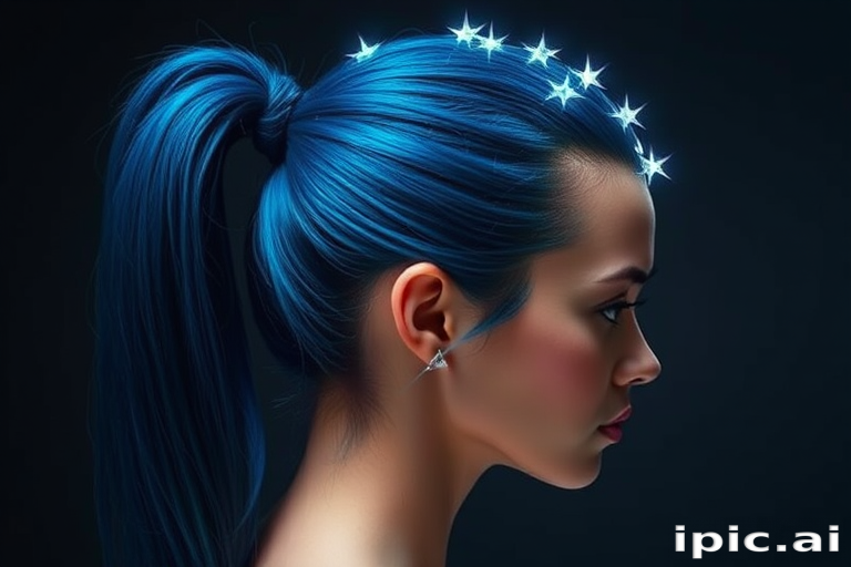 Midnight blue hair styled in a sleek high ponytail with a crown of holographic stars circling the head, creating an otherworldly galaxy-inspired look.