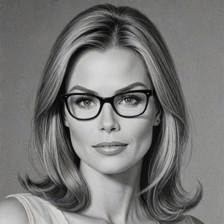 Appealing Brooke Burns, pencil sketch, portrait of Enticing woman 1964s in glasses, hair style beatnik, outline, clear lines, fine lines, 8k