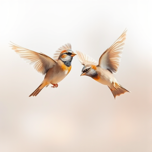 Generate a high-resolution illustration of two sparrows in flight, captured with a 50mm lens at f/2.8, shutter speed 1/1000s, ISO 200, with a shallow depth of field to emphasize the birds against a soft blurred background, in a realistic watercolor style.