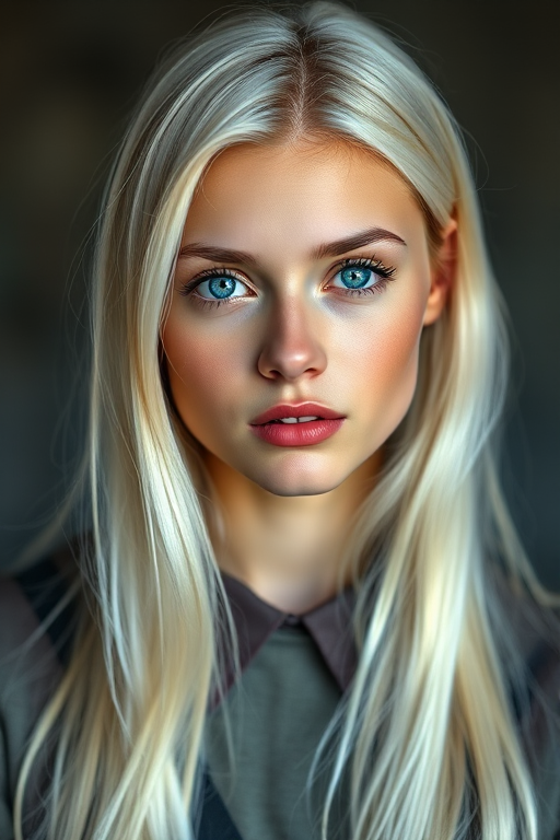 portrait of a young woman with long white hair and striking blue eyes, wearing a collar with a soft focus background, taken with a Canon EOS R5, 50mm lens, f/1.8 aperture, ISO 100, natural lighting, high dynamic range, shallow depth of field