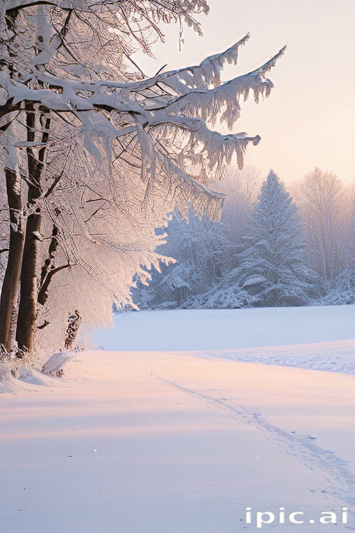 Serene Winter Landscape with Snow-Covered Trees and Tranquil Pathway