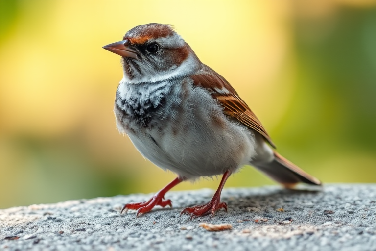 A close-up shot of a sparrow perched on a textured surface, natural lighting, shallow depth of field, aperture f/2.8, ISO 200, shutter speed 1/500s, DSLR camera, 50mm lens.