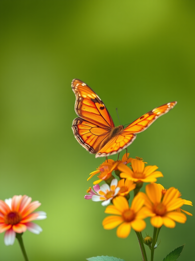 Generate an image of a vibrant orange butterfly perched on a cluster of colorful flowers with a soft green background. The butterfly should have intricate patterns on its wings, and the flowers should be blooming and vivid, creating a harmonious natural scene.