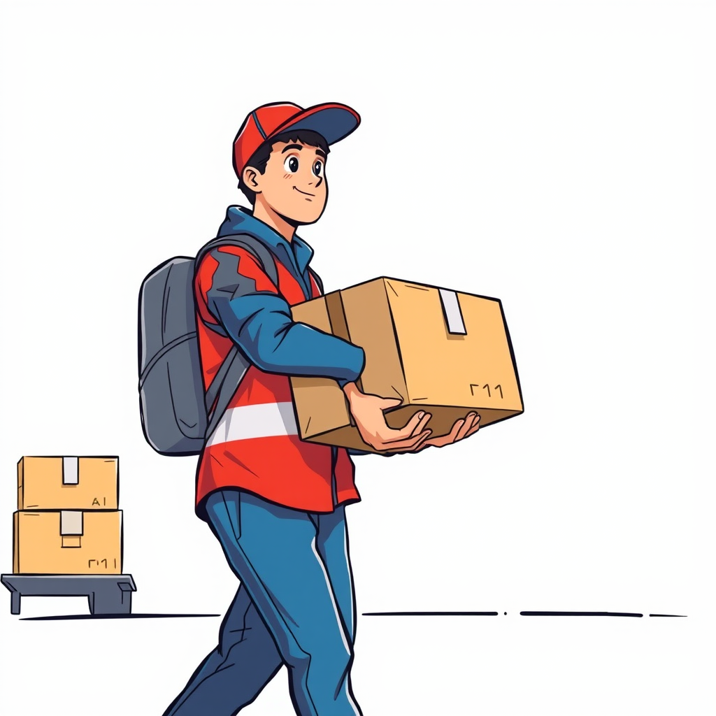 Create an illustration of a delivery worker carrying a large package, using a vibrant color palette, illustrated in a semi-realistic style with clear lines and shading, shot from a low angle to emphasize the effort, using a Canon EOS R with a 24-70mm lens at f/4, ISO 100, and a shutter speed of 1/125 sec for optimal clarity and detail.