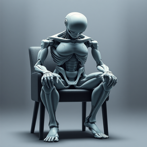 Create a highly detailed digital illustration of a humanoid figure sitting on a chair with a defeated posture, emphasizing the contours and joints of the body, using a high-resolution camera at 50mm focal length, aperture set to f/2.8, ISO 100, and a subtle soft focus background to enhance the clarity of the figure while maintaining a natural lighting effect.