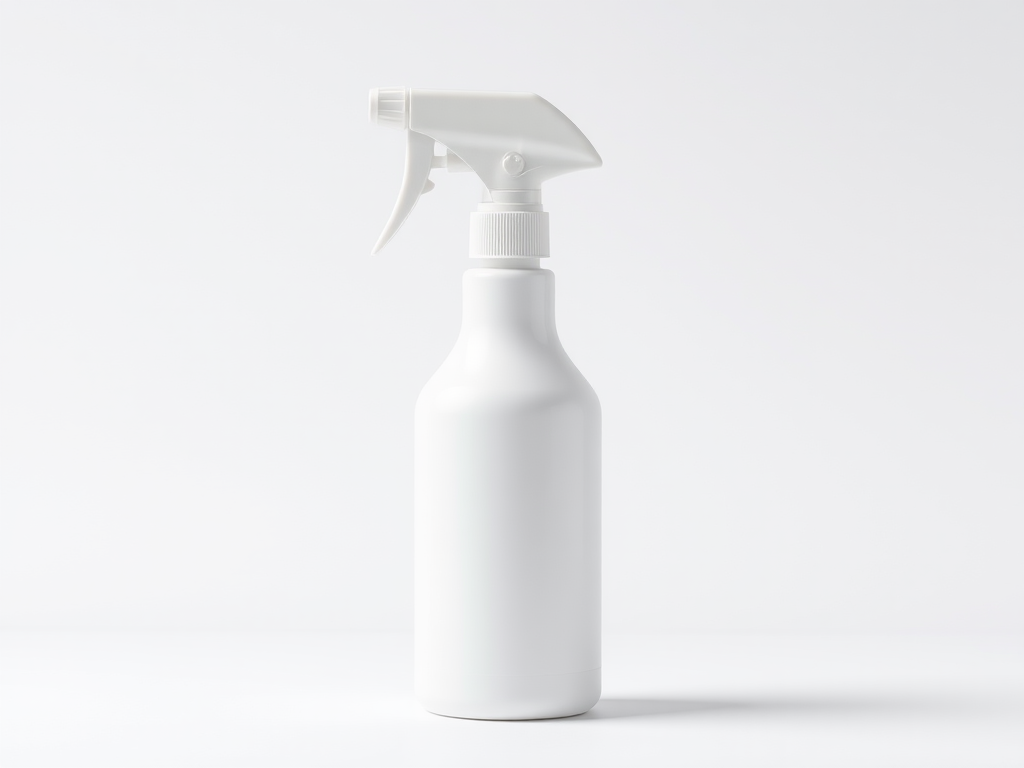 Generate a high-resolution image of a white spray bottle on a plain background, using a Canon EOS R5 with a 50mm lens, aperture set to f/2.8, ISO 100, and a soft diffused light setup for enhanced clarity and detail.