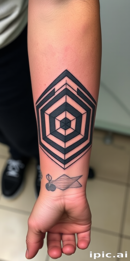 Mesmerizing optical illusion tattoo on the forearm, creating a three-dimensional cube pattern that appears to shift and move, utilizing precise linework and shading to achieve the mind-bending effect
