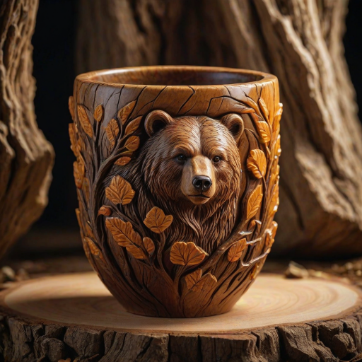 photo of artistic stone cup with 3d carving, bear cave in the forest as carving theme, ornamented by finest wood and amber accents, masterpiece of art, visually stunning, natural daylight, sharp focus,55mm f/ 1. 8 lens, studio light