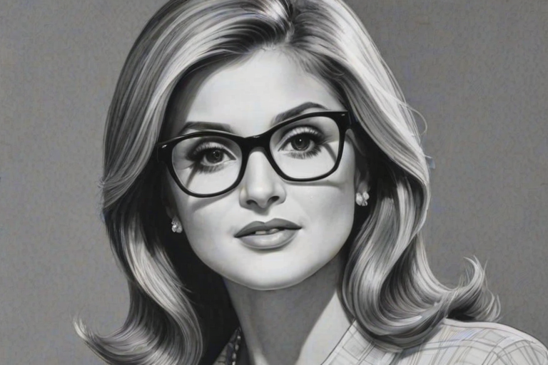 Superb Ariana Huffington, pencil sketch, portrait of Dazzling woman 1965s in glasses, hair style beatnik, outline, clear lines, fine lines, 8k
