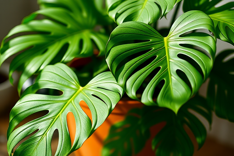 Create a high-resolution digital illustration of a lush Monstera plant in a terracotta pot, using a macro lens at f/2.8 for a shallow depth of field, shot from a slightly elevated angle with soft natural lighting to enhance the vibrant green leaves and rich textures.