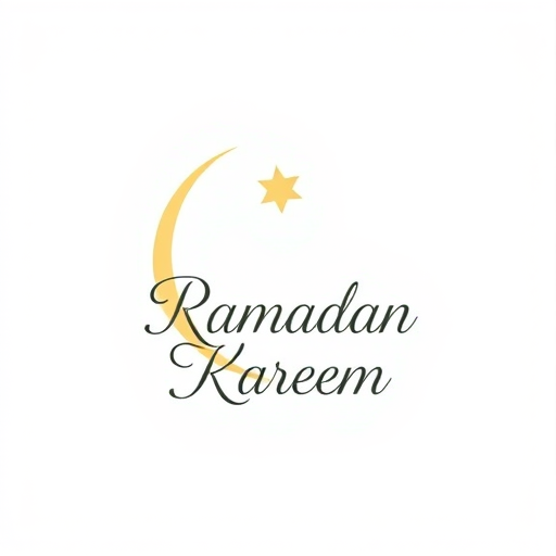 Create a minimalist illustration of a crescent moon and star with the text "Ramadan Kareem" in an elegant script font, using a soft white background, high resolution, shot with a DSLR camera at f/2.8, ISO 100, 50mm lens, natural lighting, and a slight overhead angle to enhance depth and focus.