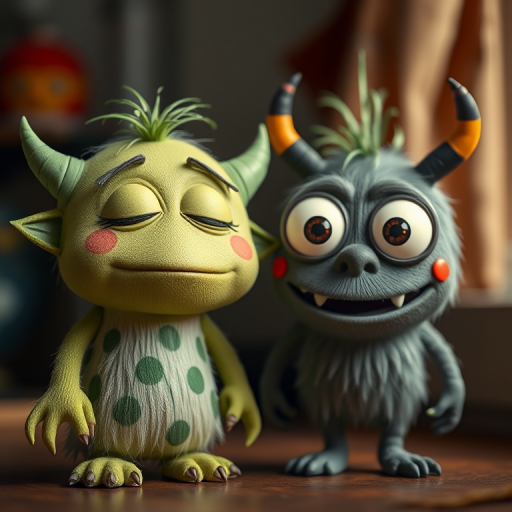 Create an image of two cute, cartoonish monsters with distinct features: one green with closed eyes and pointy ears, and one gray with wide eyes and a toothy grin, using a DSLR camera with a 50mm lens, f/2.8 aperture, in a soft-focus style to enhance details and colors, capturing the scene in a well-lit environment.