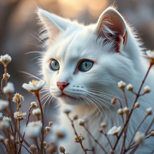 a close-up of a white cat with striking blue eyes gazing contemplatively among delicate winter flowers and frosty plants, with a soft, dreamy background and warm lighting