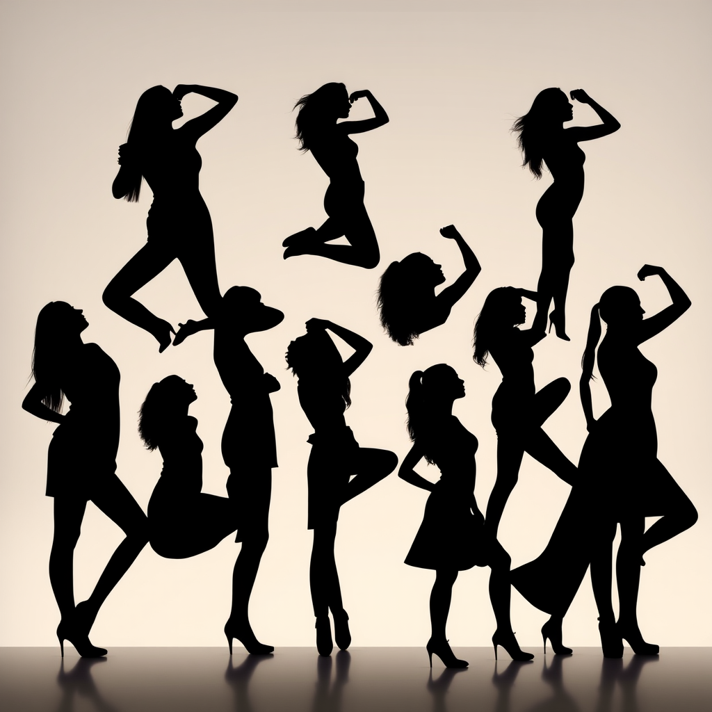 Create an image of diverse silhouettes of women in various poses, captured with a Canon EOS R5, lens 24-70mm f/2.8, aperture f/5.6, shutter speed 1/200s, against a soft gradient background for enhanced image quality.