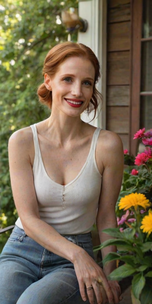 A photo of Jessica Chastain with a background of a cozy porch. She has dark hair pulled back in an updo, with tendrils framing her face. She wears a white tank top and sits on the porch. The porch is part of a well-lit home with a warm, earthy tone and colorful flowers and foliage. The overall scene has a warm, welcoming, and comfortable ambiance.
