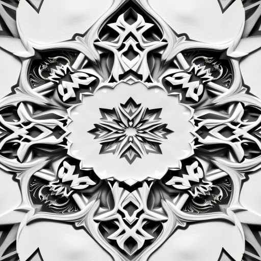 Generate an abstract design featuring intricate geometric shapes and patterns in a monochromatic color scheme, captured with a DSLR camera at f/2.8 aperture, ISO 100, 1/200 sec shutter speed, taken from a top-down view with natural lighting for enhanced detail.
