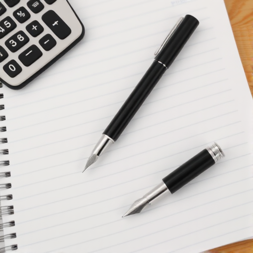 Create a high-resolution image of a calculator, a pen, and a fountain pen placed on a lined notebook, using a DSLR camera with a 50mm lens, aperture set to f/2.8, shutter speed 1/125s, and ISO at 200, from a top-down view for clarity and detail.