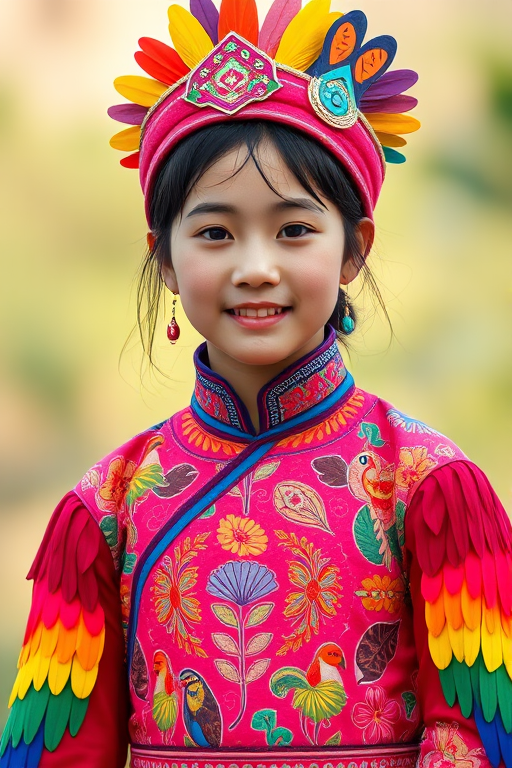 A beautiful Lao girl, wearing colorful bird clothing with vibrant colors