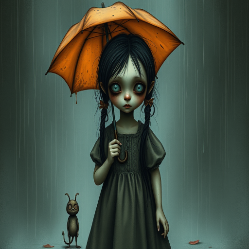 An eerie, weird little girl with dark hair in thin pigtails, wearing a smock dress, standing in the rain, holding a dirty orange umbrella, a small, odd creature beside her. In a surreal style inspired by Nicoletta Ceccoli and Brian Froud. Dark fantasy themes