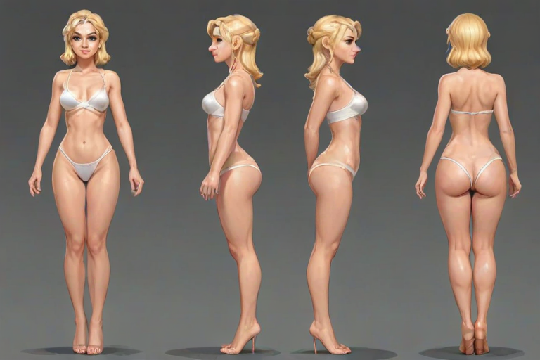 front view, side view, back view, multiple views, reference sheet, full body, 1girl, solo, beautiful, QueenPerdita, blonde, cute, female, pretty