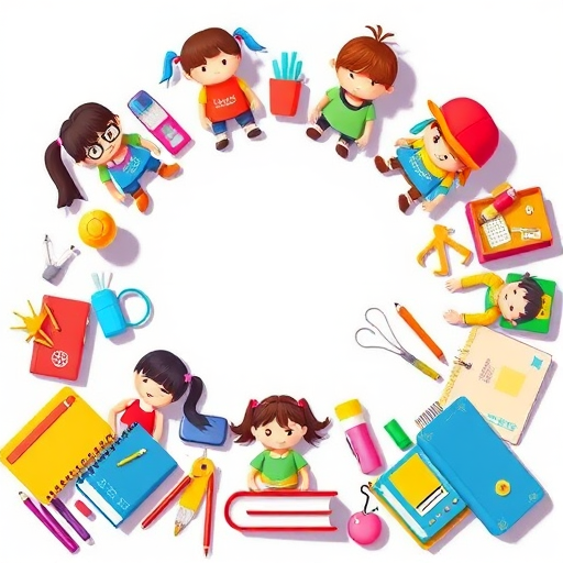 Create a colorful school-themed illustration with kids, books, and school supplies arranged around a blank center, captured with a Canon EOS R5 at f/8, ISO 100, 1/250 sec, wide-angle lens, bright daylight.