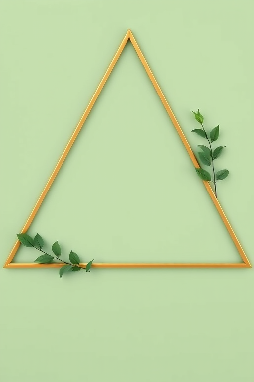 Create a minimalist design featuring a gold triangular frame with green foliage accents on the sides against a soft green background, captured with a Canon EOS R5, 50mm lens, f/2.8, ISO 100, natural light for enhanced quality.