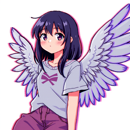 1girl, pixelated, limited palette, glitch, glitching, glitch art, scanlines, chromatic aberration, wings, casual clothes, feathers