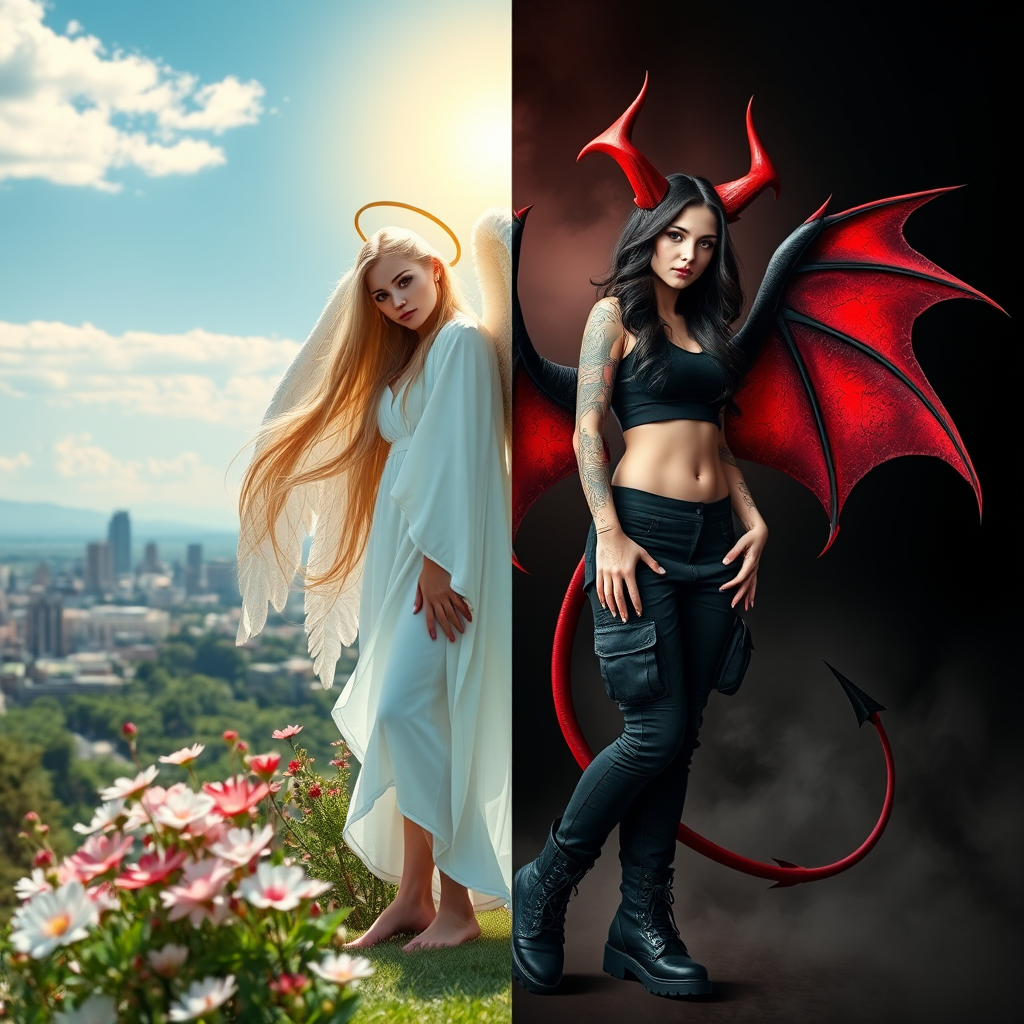 Create an image with a split composition, half representing an angel and half a demon. The angel is on the left, depicted with long, flowing blonde hair, a golden halo above her head, and wearing a white robe. She has large, feathered wings, and she's barefoot, standing amidst blooming flowers with a cityscape in the background under a clear blue sky with a few clouds. The demon is on the right, featuring long, wavy black and red hair, red horns on her head, and wearing a black crop top and black cargo pants. She has large, bat-like wings with red and black hues, and is wearing black combat boots. Her skin is adorned with tattoos. The background on the demon's side is dark and smoky, with hints of flames and a red tail curling behind her. Both figures stand back-to-back, creating a stark contrast between light and dark, good and evil.