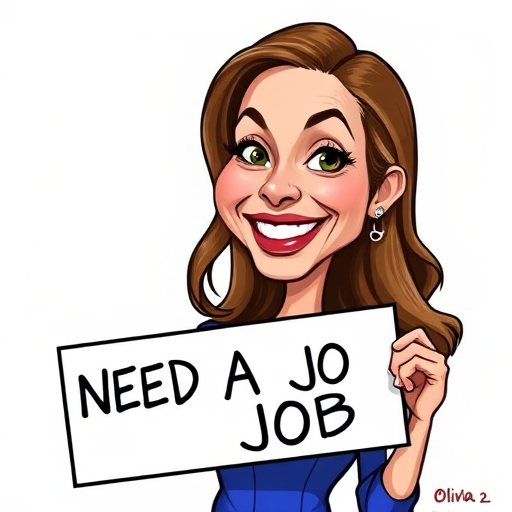 caricature of a smiling Olivia Wilde in a Sapphire dress or suit, holding up a sign that says "NEED A JOB", no watermark,