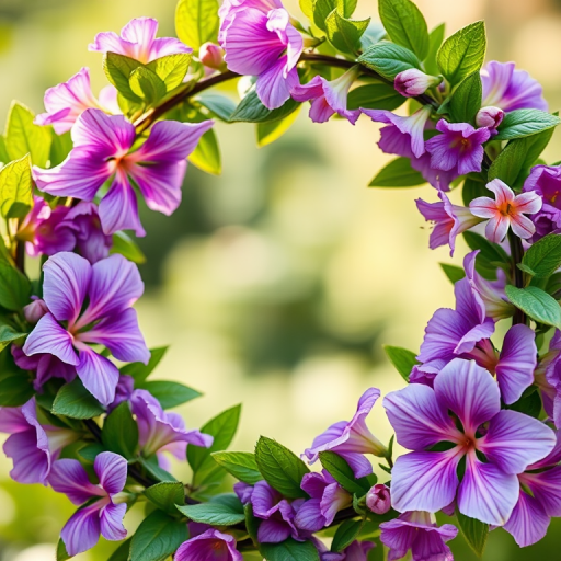 Create a high-resolution image of a circular floral frame featuring purple and pink flowers with green leaves, using a shallow depth of field, soft focus lens, f/2.8 aperture, 50mm prime lens, natural light to enhance colors and textures.