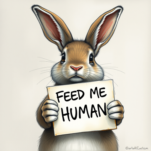 rabbit holding a note which says "FEED ME HUMAN"