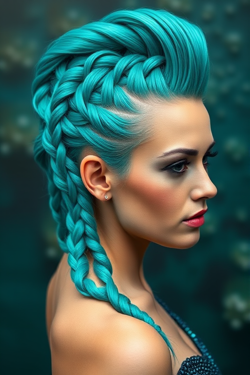 Vibrant teal mermaid hair in a braided mohawk updo, Aquatic Warrior design, featuring intricate plaits and shimmering scales for a bold and fantastical look