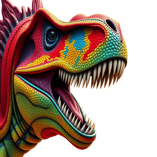 Create a vibrant and detailed illustration of a roaring dinosaur head with a colorful and textured surface, captured with a Canon EOS 5D Mark IV camera, 50mm lens, f/1.8 aperture, ISO 100, in high dynamic range style with a focus on vivid colors and sharp details.