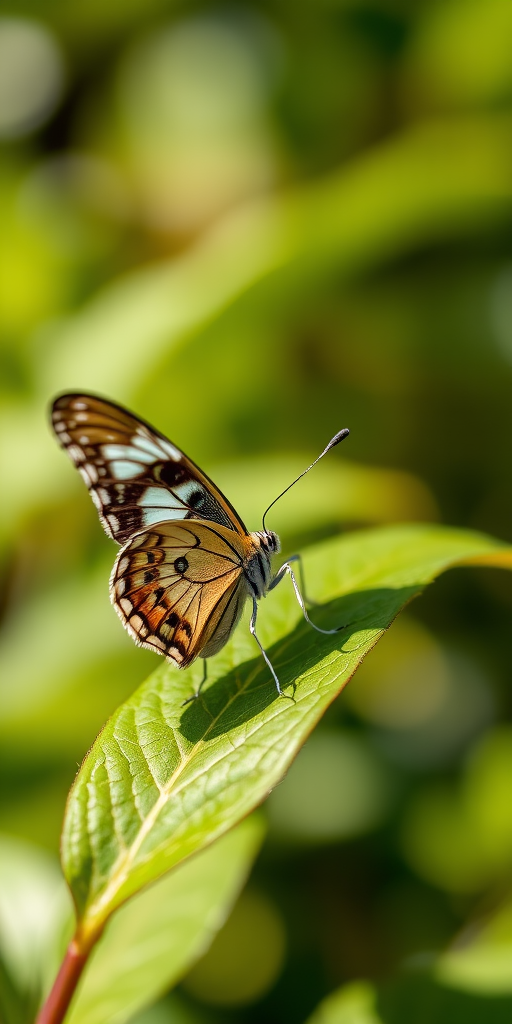 Close-up of a butterfly resting on a green leaf with a blurred background, 85mm lens, f/2.8 aperture, ISO 200, natural lighting, focus on the butterfly, shallow depth of field, DSLR camera.